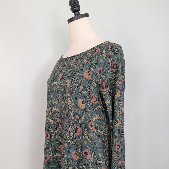 Peruvian Connection Mini Dress S Teal Green Long Sleeve Floral Shift Work Black - Picture 7 of 9